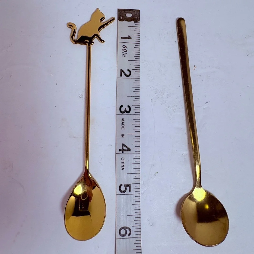 Vintage Gold Colored Cat Stirring Spoon and Regular Spoon